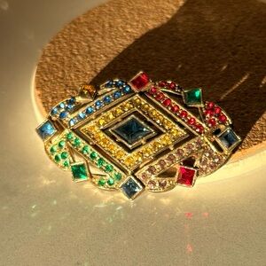 Vintage Multicolor Geometric Brooch with Sturdy Clasp and silver tone metal.